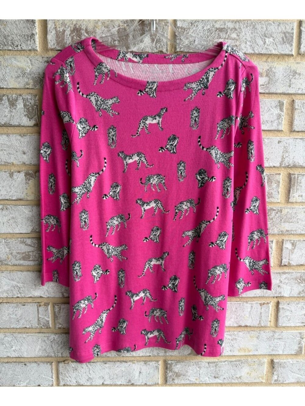 Chico's 3/4 Sleeve Boat Neck Leaping Leopard Cotton Blouse Women's Size 1 (M)